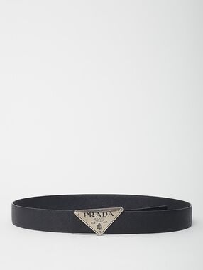 Prada Black Saffiano Leather Belt with Silver Triangle Logo